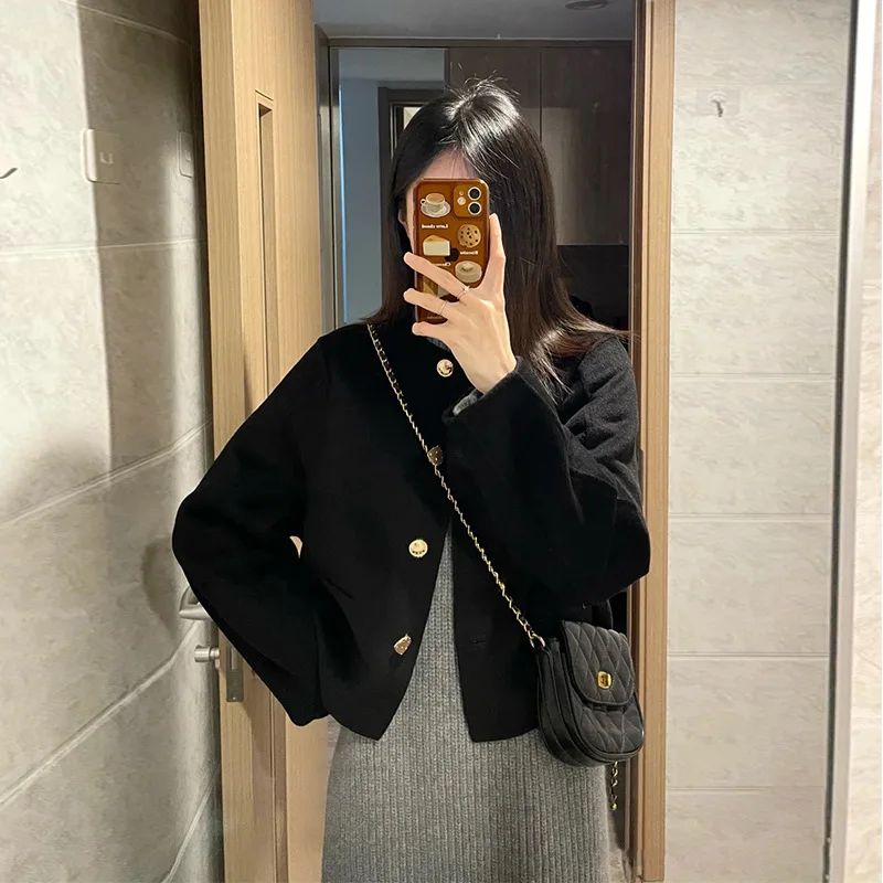 Premium black short woolen coat women's autumn and winter clothing new Korean version small loose and thin woolen coat