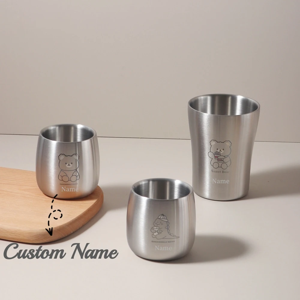 Custom Name Baby Cute Cartoon Stainless Steel Cup Baby Silicone Dinosaur Tiger Toddler Kid Water