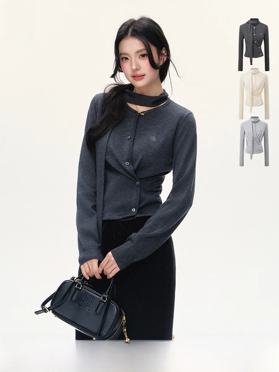 

Оригинальный вязаный базовый слой ANDYET AD с застежкой на талии и бантом Lazy Ele Sle Long Sve Commute Faion