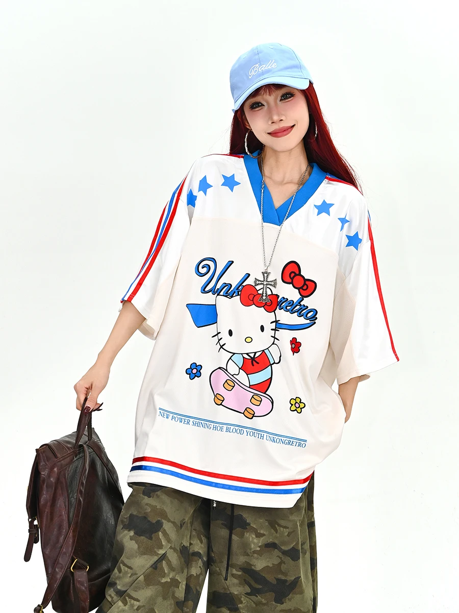 

Summer New Loose Women's T-irt ort Sve V-ne Cartoon Troublesome Ne American Retro Sports irt Street Sle