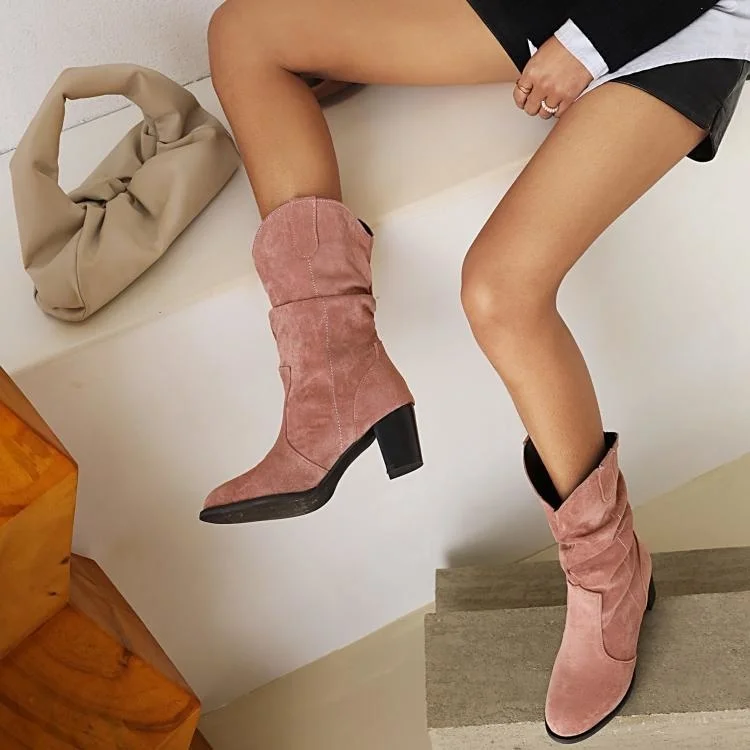 

Pink Western Cowboy Boots Autumn Winter Chunky Heels Women's Mid Calf Boots Fashion Stacking Boots