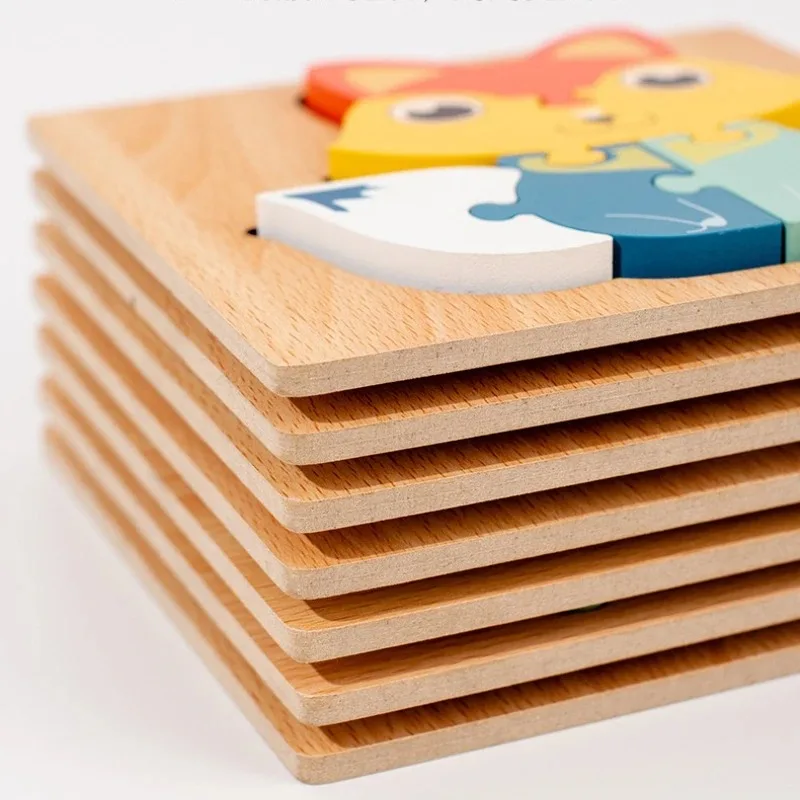 Drewniane puzzle stereoskopowe 3D Montessori, kreskówkowe zwierzęta, kształty, kolory, edukacyjna gra poznawcza, zabawka, prezent urodzinowy dla dzieci, 퍼즐