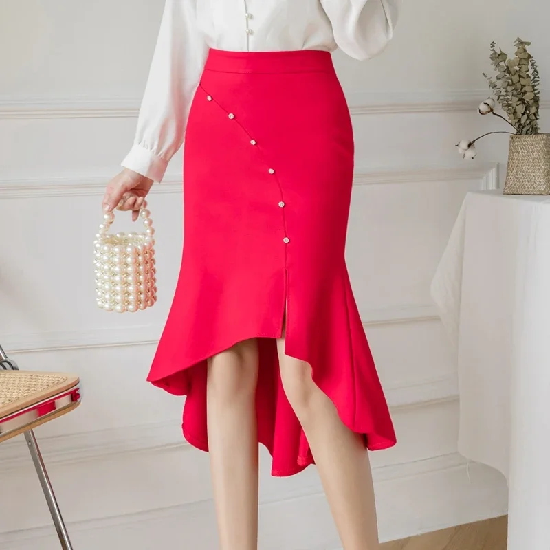 Oversized Black Skirts Women 2024 Fashion High Wiast Long Skirt Beading  Korean Style Clothing Elegant Office Faldas Mujer Moda