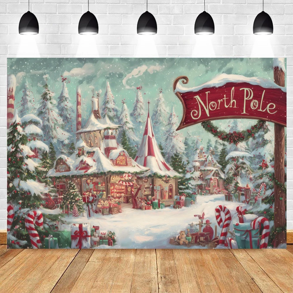 Christmas Decoration 2025 Photography Backgrounds North Pole Village Candy Cane Gift Xmas Tree Kids Festivial Portrait Backdrops