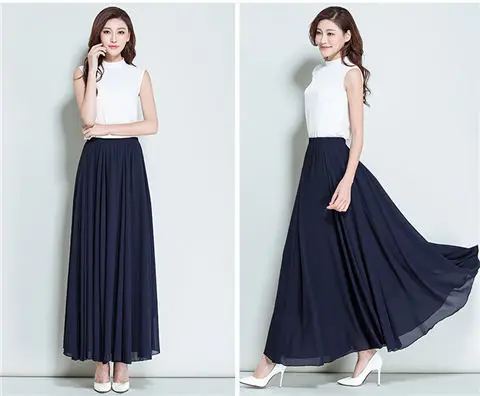 2022 Summer Women Chiffon Long Skirt A-Line Skirts Women Elastic High Waist Maxi Skirts Elegant Solid Skirts Femme Streetwear