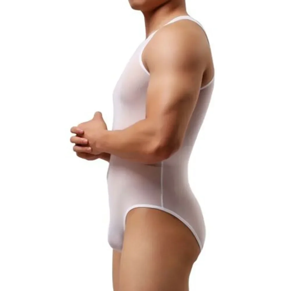 Men Leotard Bodysuit Sheer Jumpsuits Man Bulge Pouch Underwear Slim Corrective Body Sculpting Pulling Shapers