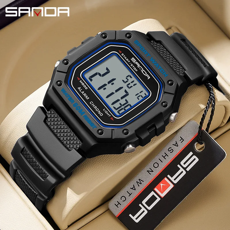 SANDA 2156 Square Watch Waterproof Swimming Watch Youth Electronic Watch Simple Alarm Clock Single Display Watches for Man