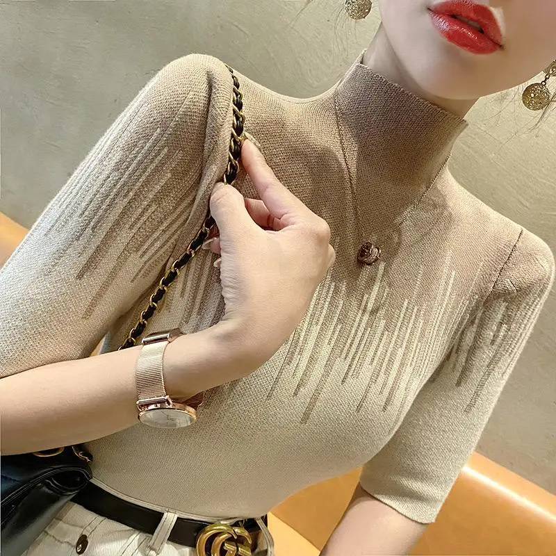 Sweater Pullover 2023 Autumn Half High Neck Knit Women Inner Layer Spring and Autumn Half Sleeve Underlay Short Sweater Women