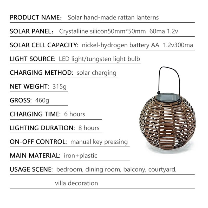 Luz de suspensão solar do Rattan, Ferro Rattan Tecido Luz Solar, Quintal Decorativo Pendurado Luz A