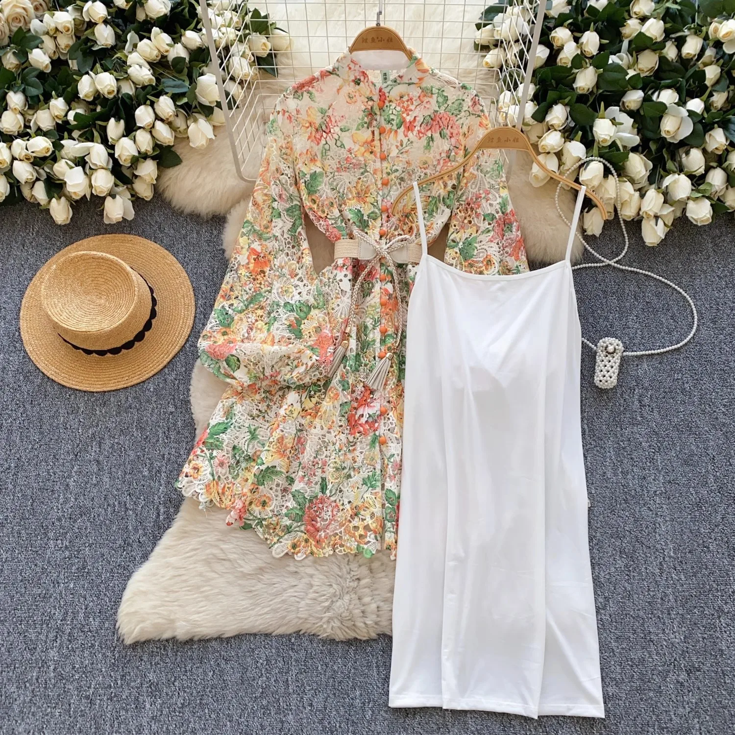 Summer Fashion Embroidery Flower Dress Women's Stand Crochet Lace Hollow Out Stitching Belt Print Prom Party Robe Mini Vestidos