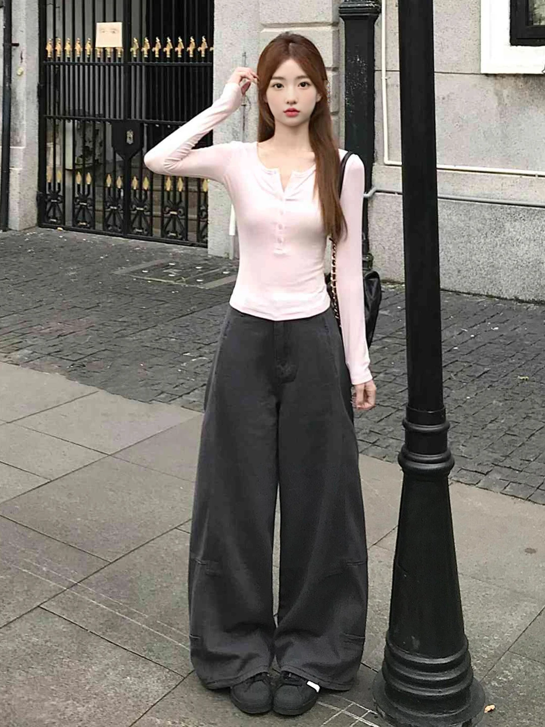 

Корейская облегающая длинная розовая футболка с широкими штанинами, комплект из двух предметов, осенняя модная повседневная одежда для молодых женщин