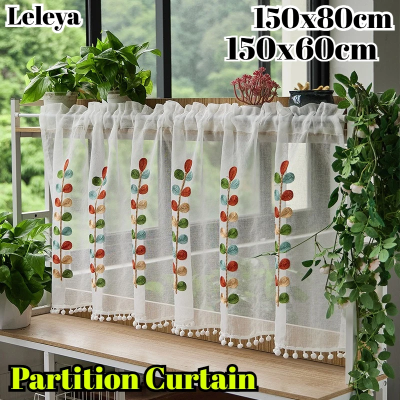 Flower Embroidery Transparent Tassel Curtain Pocket Cabinet Short Curtain Coffee Shop Small Window/cabinet Half Curtain