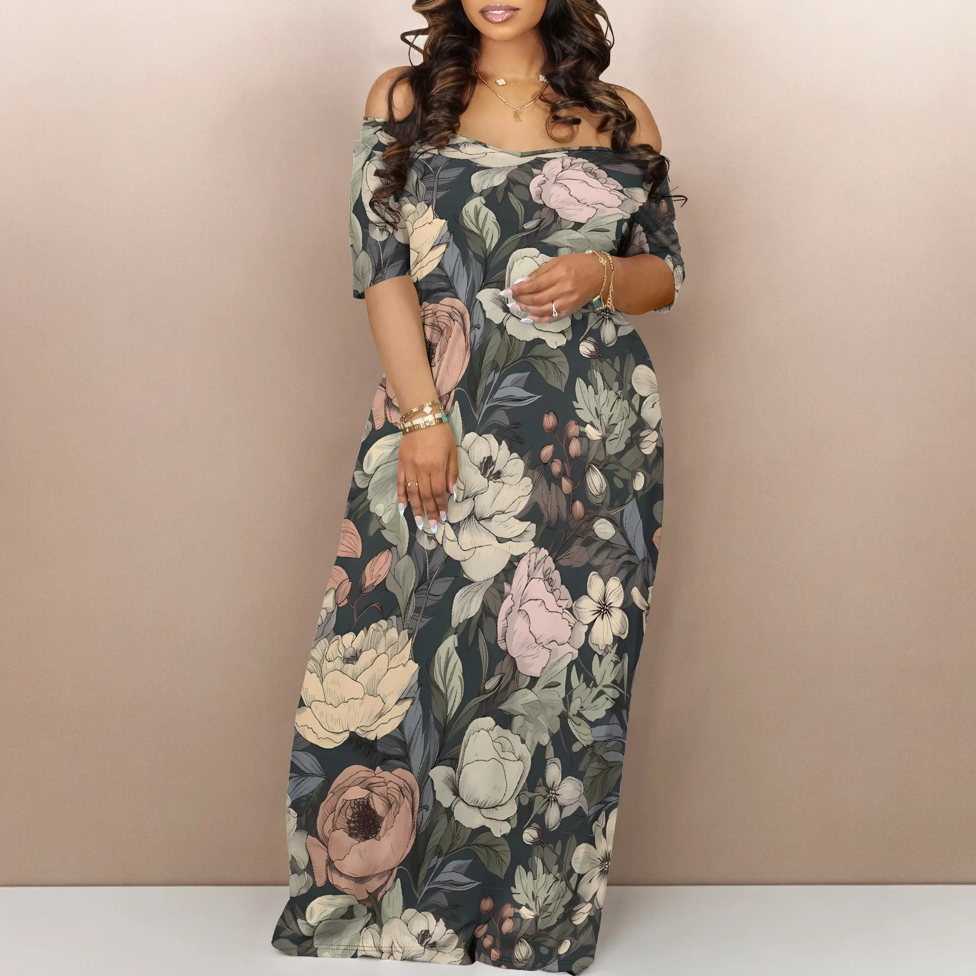 

Off Shoulder Maxi Dress with Pockets Women Summer Short Sleeve Floral Print Style