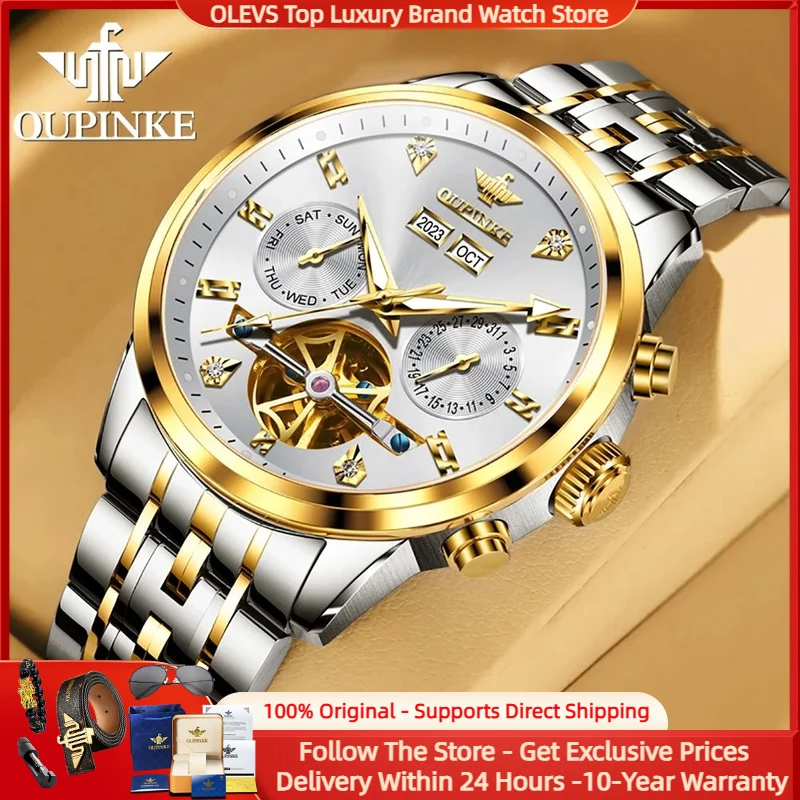 OUPINKE 3248 Original Brand Men's Watches Stainless steel Waterproof Luminous Chronograph Automatic Mechanical Watch for Man