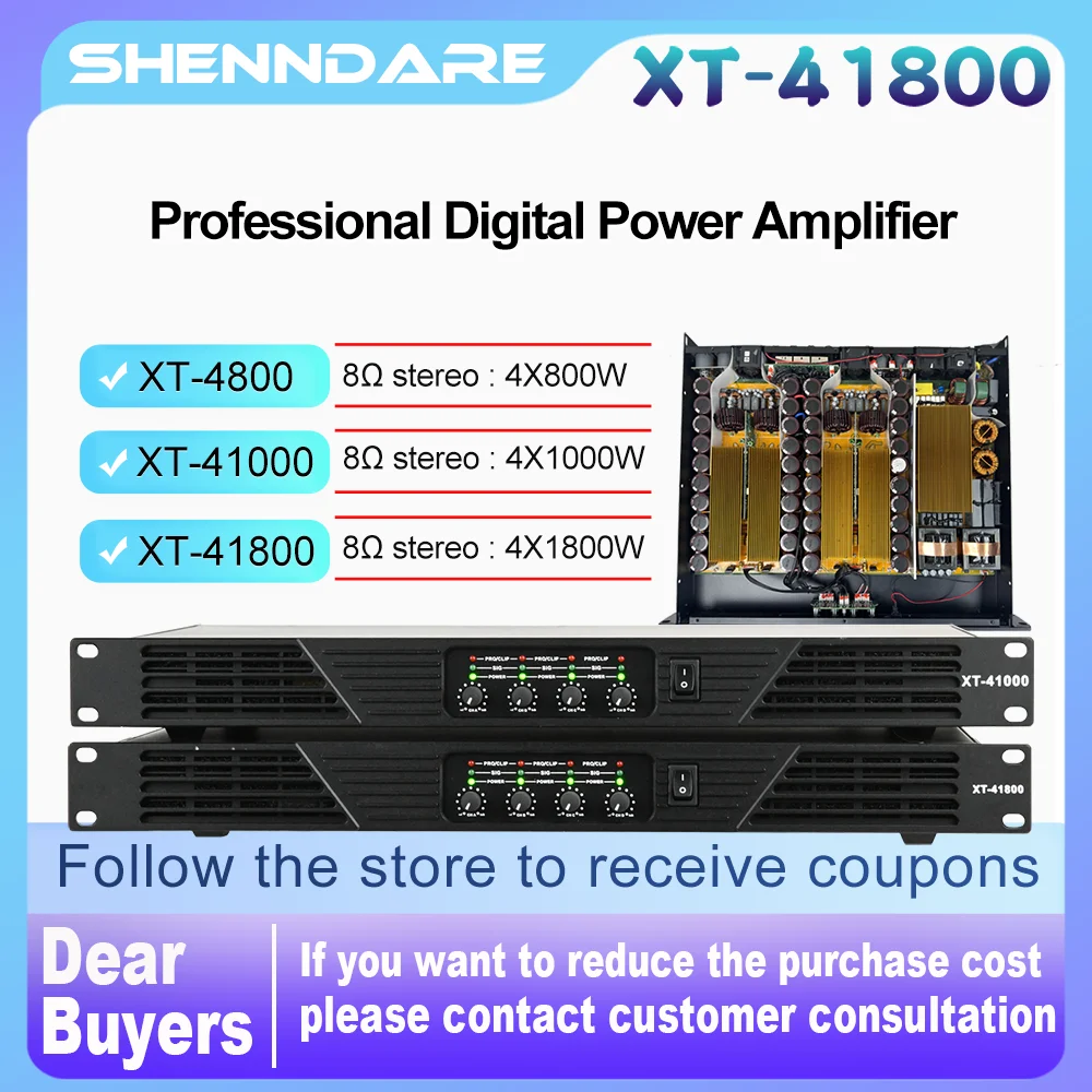 Amplificador de potencia digital profesional ShennDare XT-41800 de 4 x 1800 W y 8 ohmios, amplificador de altavoces de matriz lineal de 4 canales, preamplificador de subwoofer para DJ