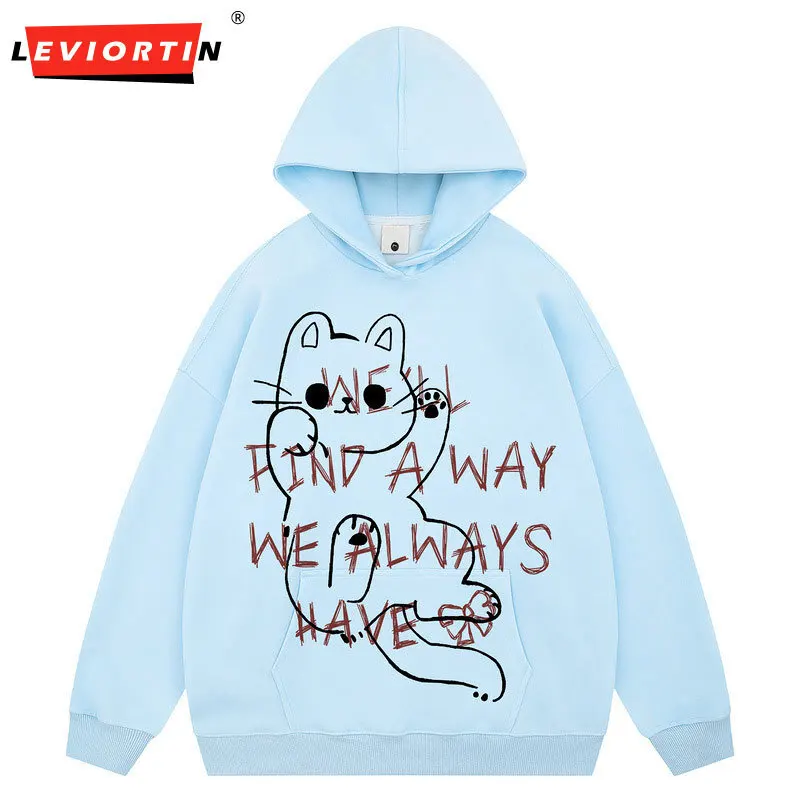 

Autumn men's American retro cartoon cute cat sweet cool style youth loose and versatile fashion simple hoodie sweatshirt