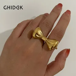 GHIDBK Stainless Steel Bow-Knot Double Finger Rings for Women Unusual Aesthetic Design Punk Party Jewelry Gifts Tarnish Free