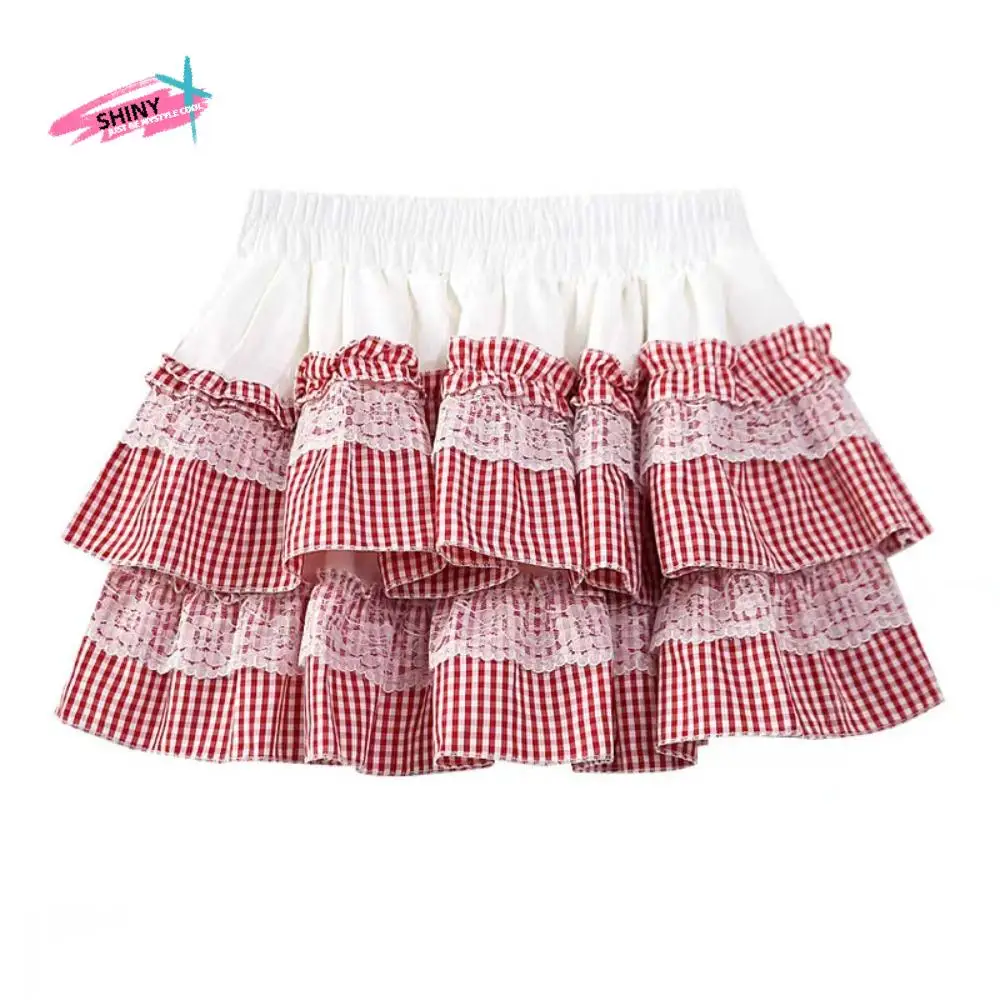 

Lolita Lace Grid Cake Юбка в клетку в полоску с высокой талией JK Короткая юбка трапециевидной формы с защитными брюками Милые кружевные плиссированные мини-юбки для женщин