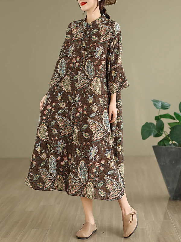 Rétro coton lin imprimé col montant ample Maxi Dr pour les vacances automne nouveauté Ele artistique grande taille femmes Dr