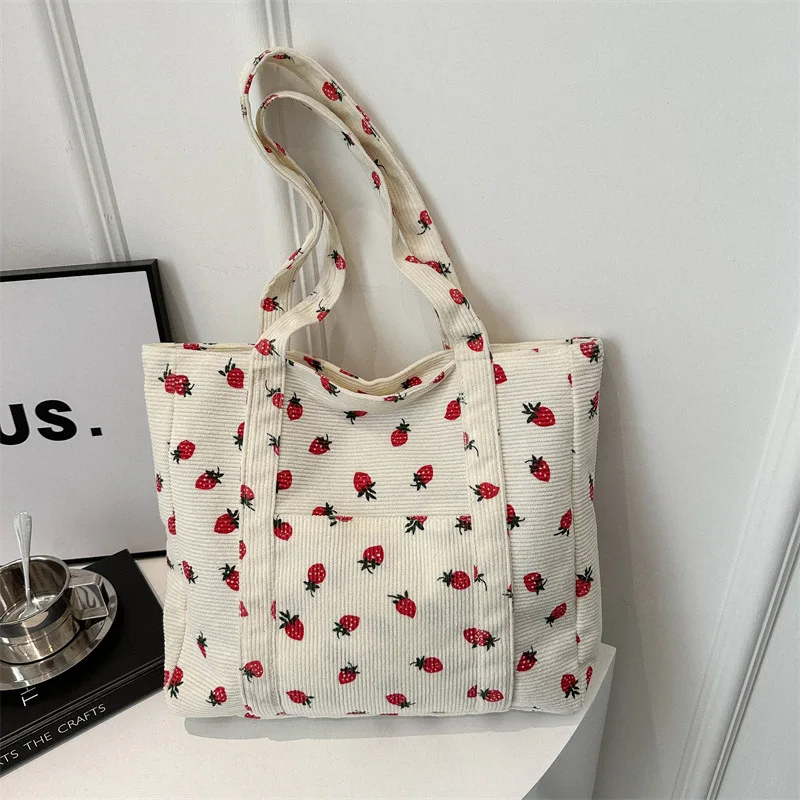 

Versatile New Strawberry Corduroy Tote Shoulder Bag Casual Large Capacity Lazy Style Storage Shopping Bag