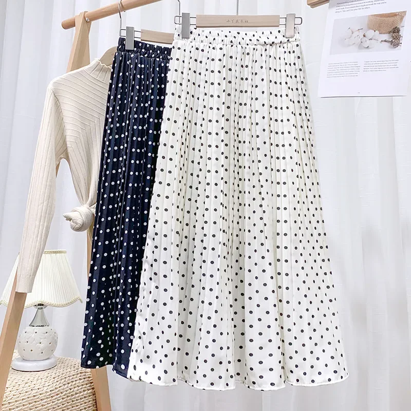 TFETTERS Mulheres Saias Chiffon Plissada Saia Mulheres Primavera e Verão Coreano Polka Dot Branco Saias Plissadas para As Mulheres Roupas