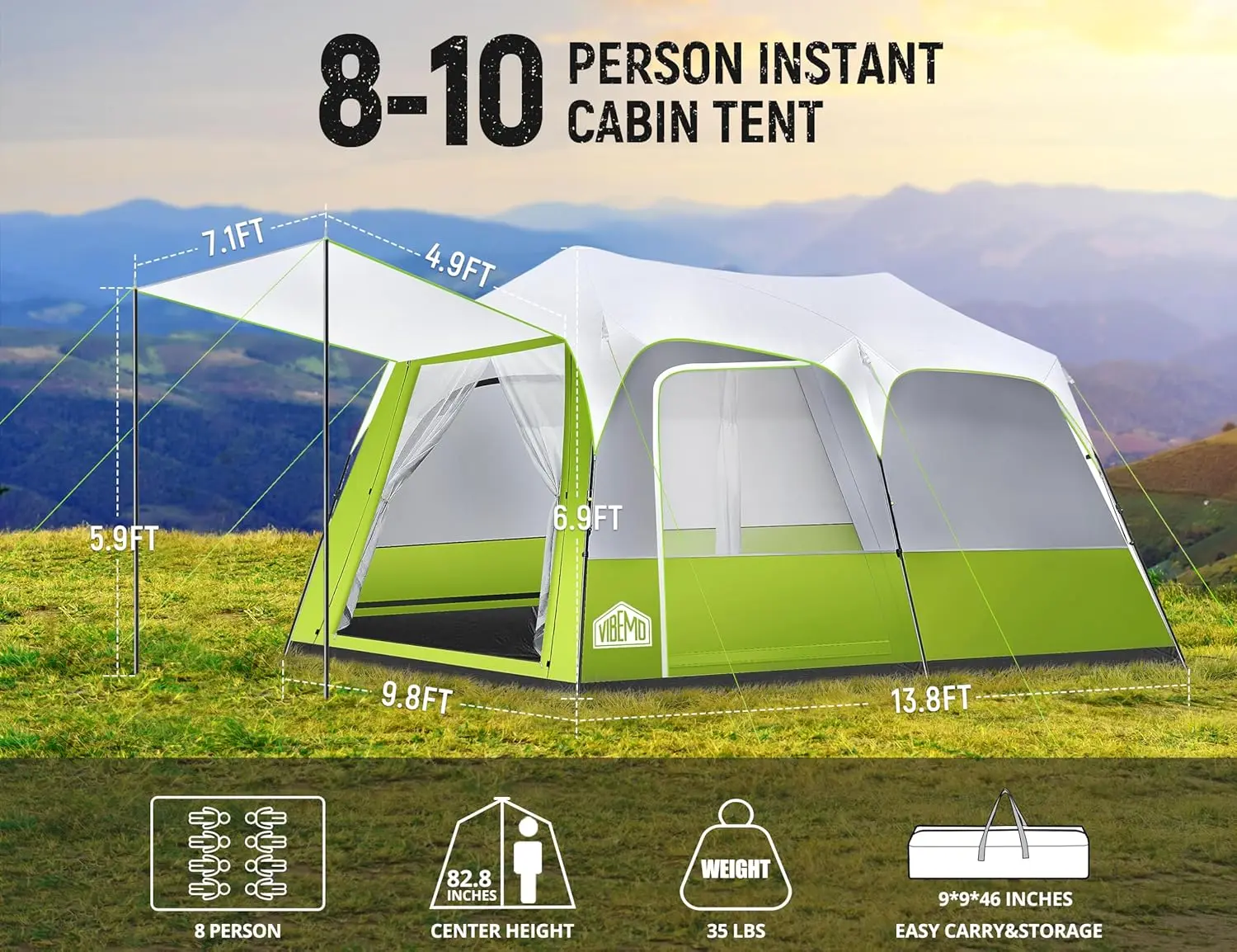 Instant Family Tent, Outdoor Camping Tent, Easy Setup, Includes Rainfly, Room Divider, Carry Bag, Instant Tents for Camping, Hik