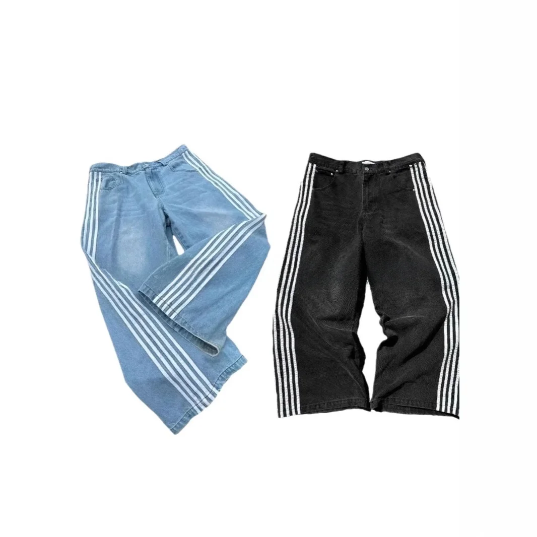

Harajuku Style Y2K Striped Men Jeans Wide Leg Trousers mid Waist Zipper Opening Standard Fit Loose Straight Leg Jeans