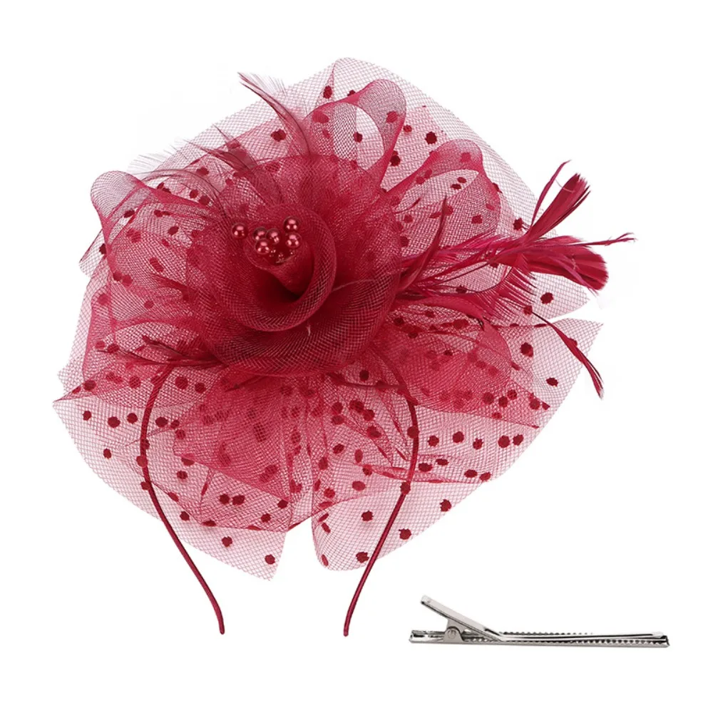 

Fashion Exquisite Feathers Fascinator Hat Polka Dot Sweet Tea Party Mesh Hair Band Hair Hoop Elegant Bride Headdress Dance Show