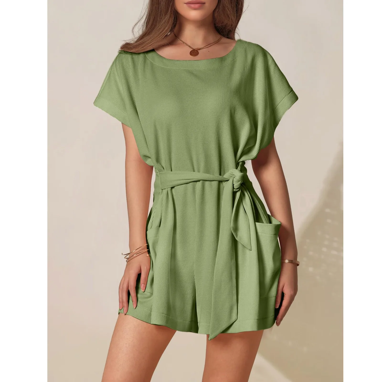 Summer Jumpsuit O-neck Short Sleeve Rompers Solid For Woman Casual Shorts Jogger Pants Playsuit Overalls Bodysuits With Pockets