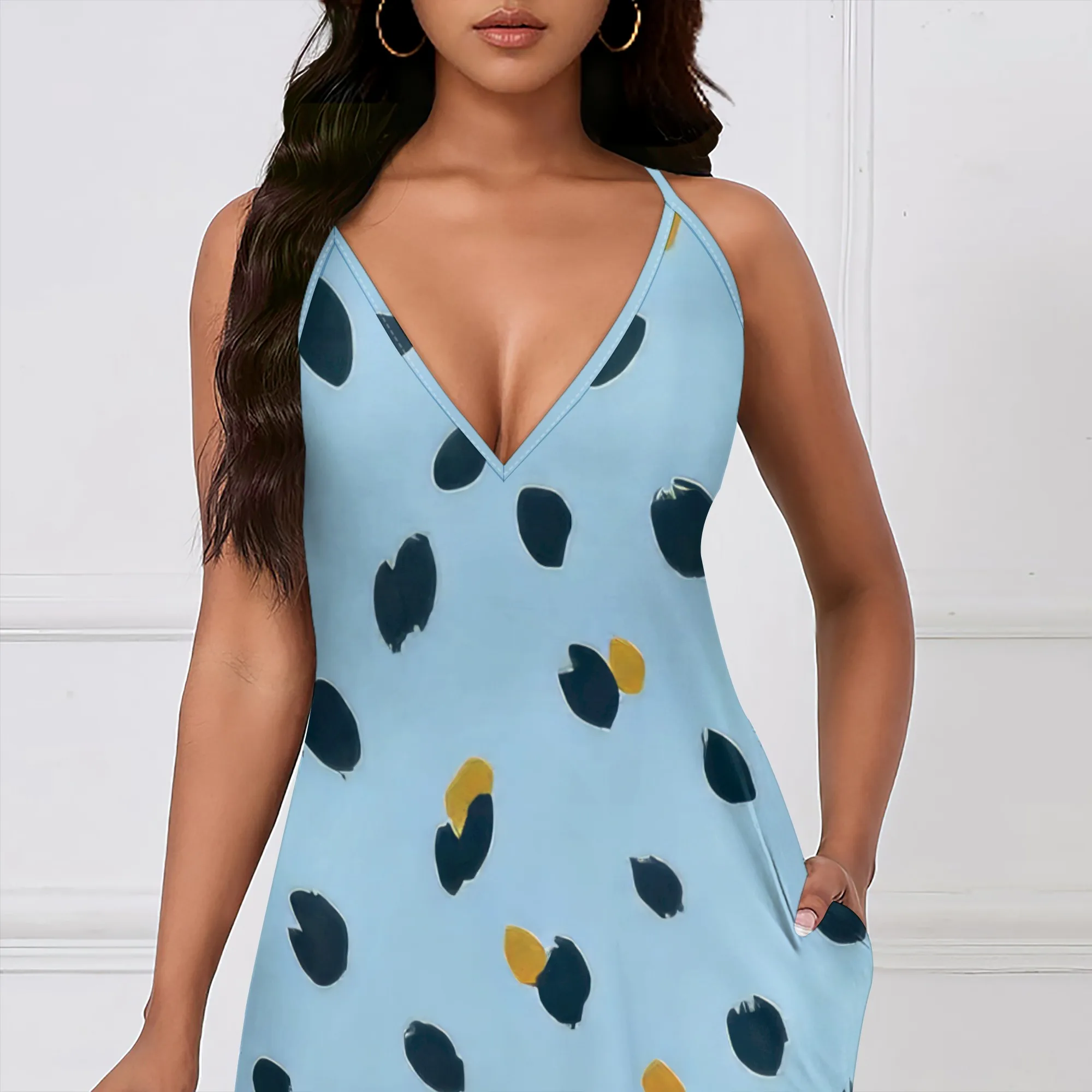 Maxi Pokla Dot Sundress 여성용 스파게티 스트랩 V 넥 느슨한 발목 길이 비치 수영 커버 드레스