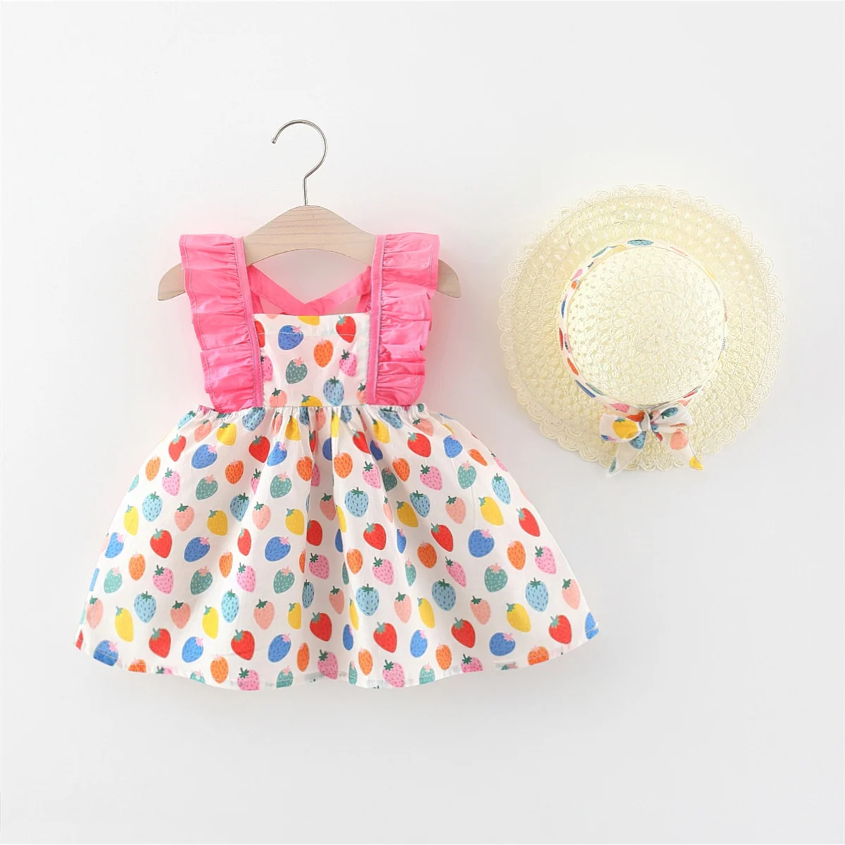 2-Piece Set Of Summer Sweetheart Dress And Hat Baby Print Dress Small Strawberry Cross Back Children'S Clothing