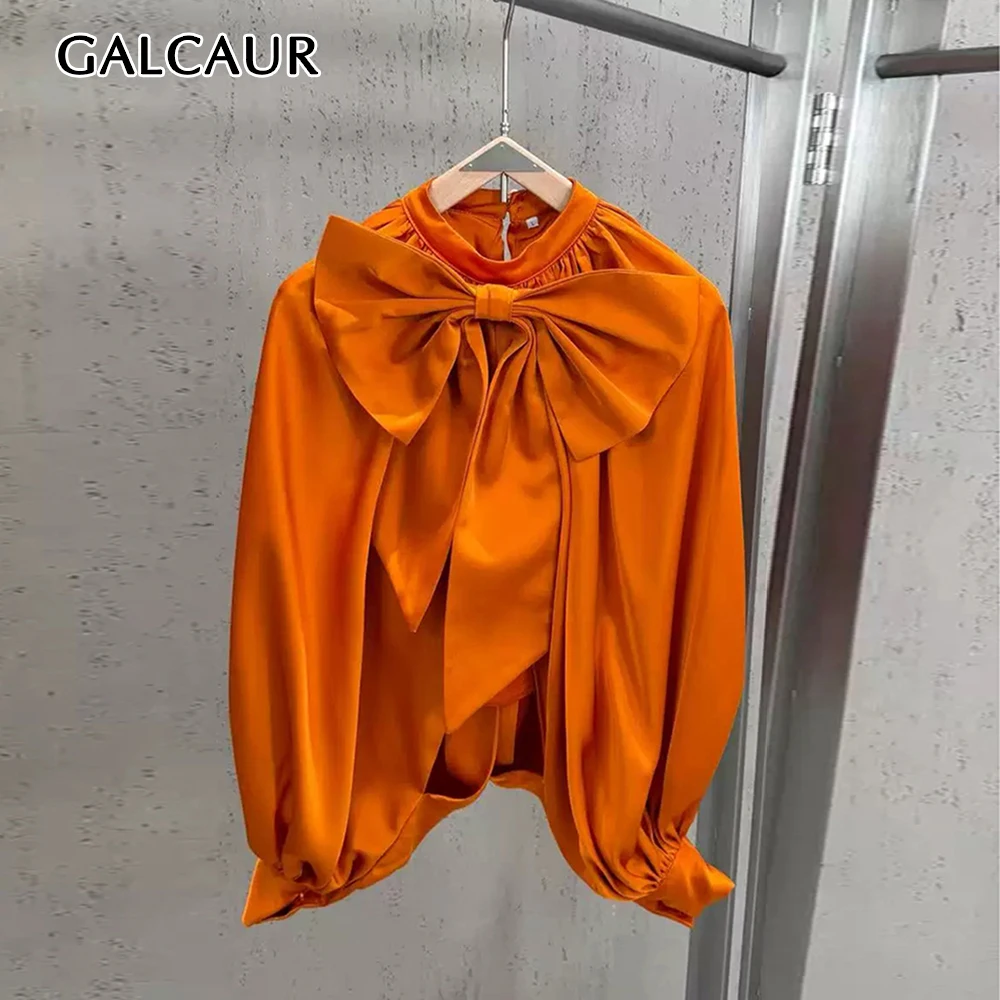 

GALCAUR Solid slimming Spliced Bow Loose Blouses for Women Round Neck long Sleeve Patchwork Button elegant Tops Female Fashion