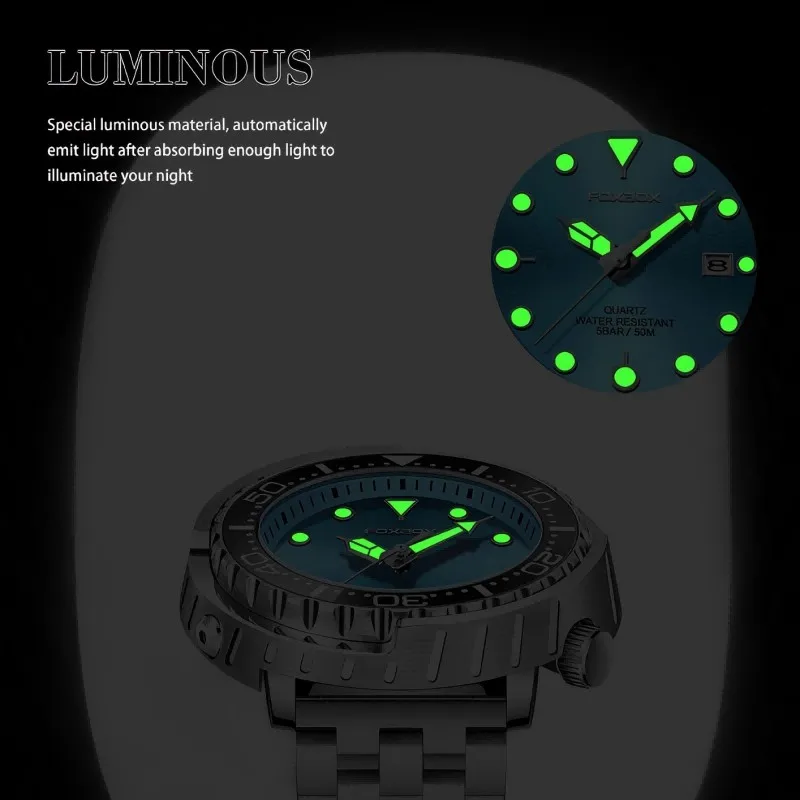 Foxbox relógio de quartzo luminoso masculino, caixa de liga de zinco, pulseira de aço inoxidável, calendário de três mãos, 30m, à prova d'água, relógio masculino de negócios