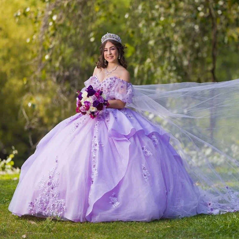 فساتين Quinceanera باللون الخزامى مزينة بالدانتيل والخرز قبالة الكتف لحفلات أعياد الميلاد فستان حفلة عيد ميلاد حلو 16 فيستدوس 15 دي أنوس