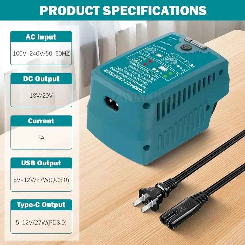 Fast Charger for Makita 18V LXT Lithium-Ion BL1830 BL1850 BL1860 Battery with USB and Type -C Output 110V 3A with Music Charger