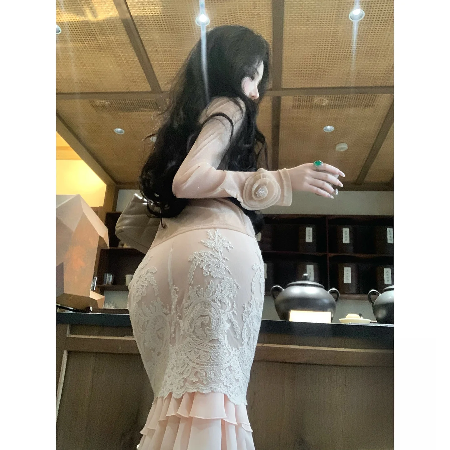 Syqiao Summer Pink Halter Neck  Dress with Lace Trim Flounce Skirt High Waist Nylon Cotton Blend Gentle Style Zipper Back