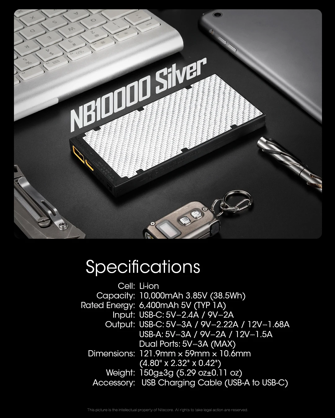 NITECORE NB10000 Silver Mobile Power Bank Portable Poverbank 10000mAh Carbon Fiber PD/QC3.0 Fast Charge for iPhone Xiaomi