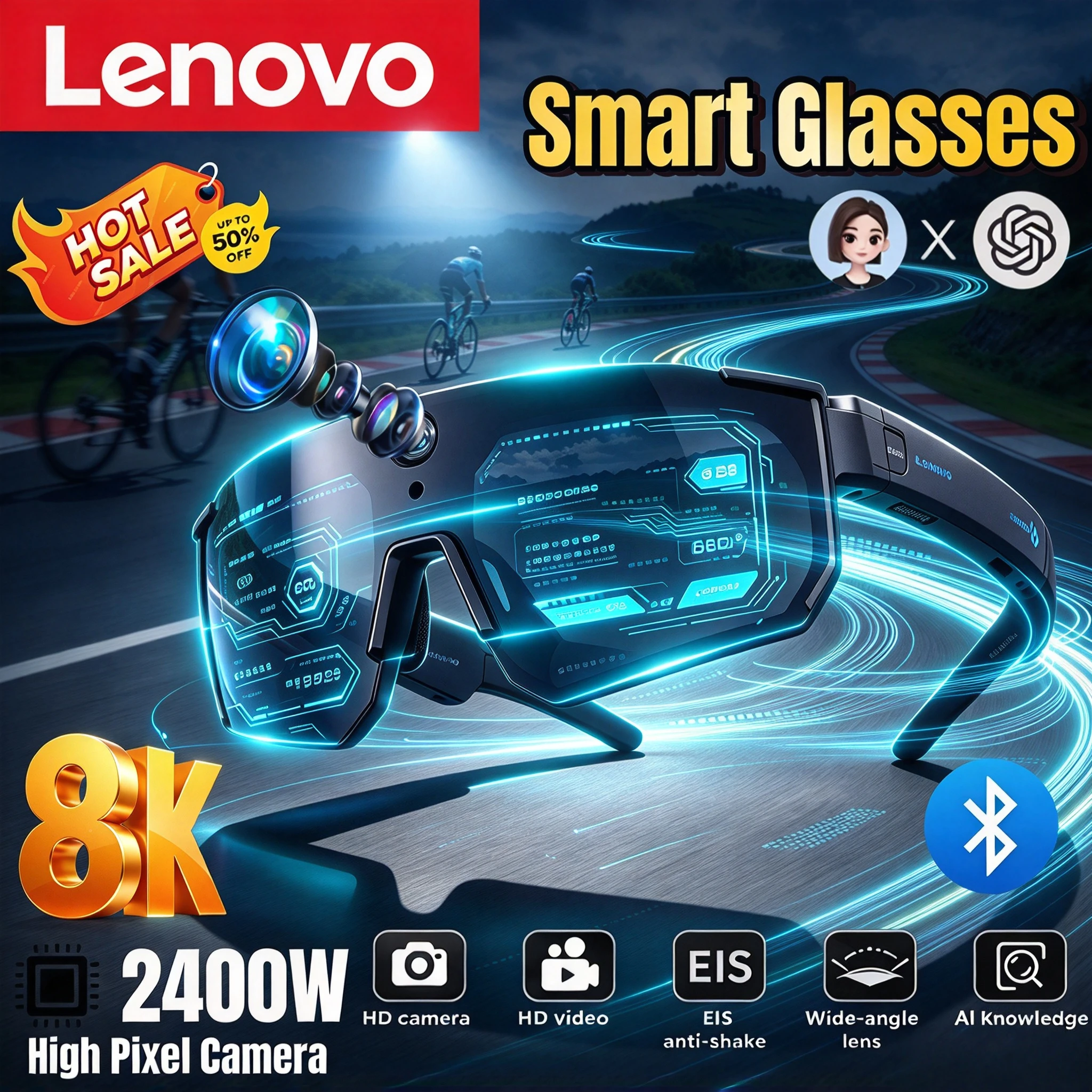 Lenovo AI Smart Glasses 2400W 8K Anti-shake Camera Cycling Video&Photo Sport Sunglasses Windproof Goggles for Men Women New