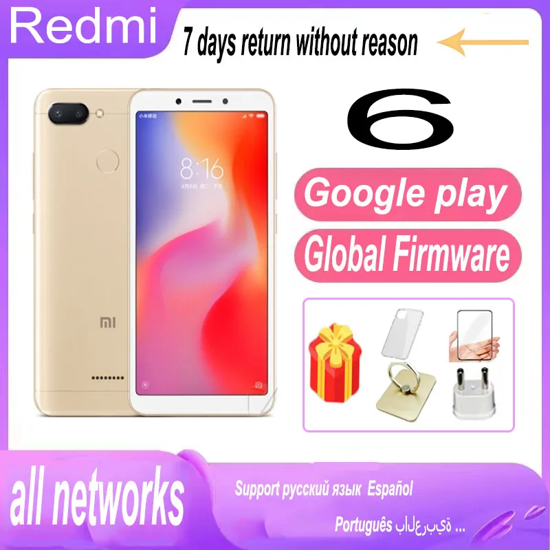 

Смартфон Xiaomi Redmi 6, глобальная прошивка, 4 Гб 64 ГБ, Google Play, полный экран 5,45 дюйма, искусственная кожа, ИИ-лицо, 3 ГБ, 32 ГБ