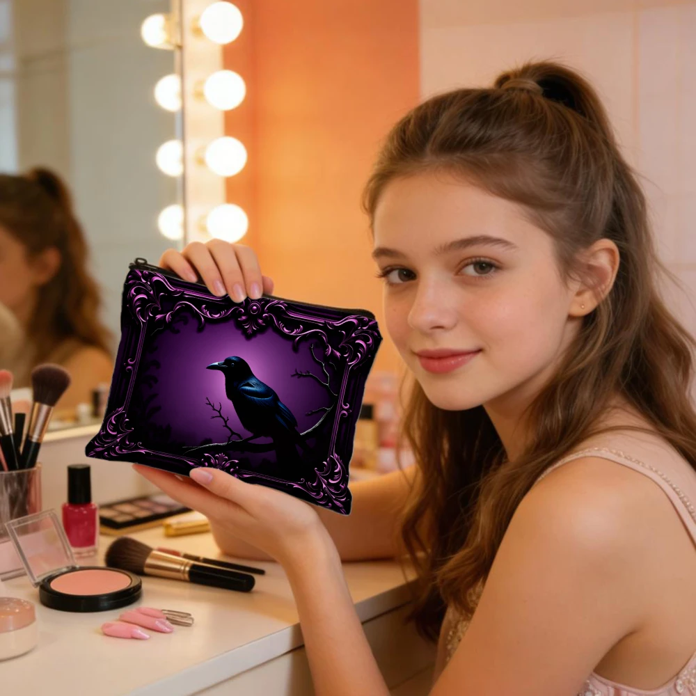 Purple Frame Raven Branch Gothic Makeup Bags for Girls Cosmetic Pouch Toiletry Bag Pencil Case Travel Storage