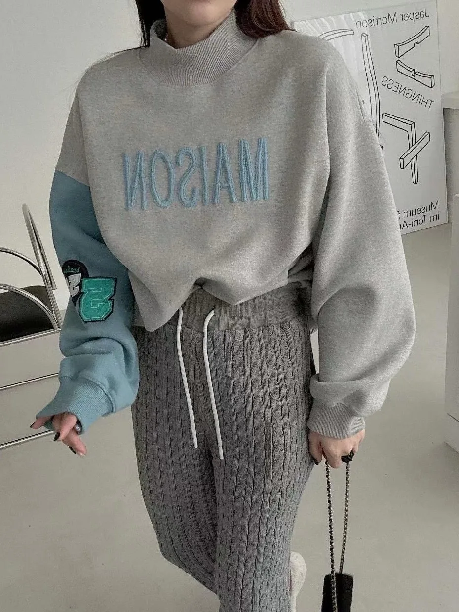 

Retro Color Blo Letter Patch Sweatirt Women Loose Korean Sle Autumn Winter New Arrival Chic Streetwear Casual Comfortable