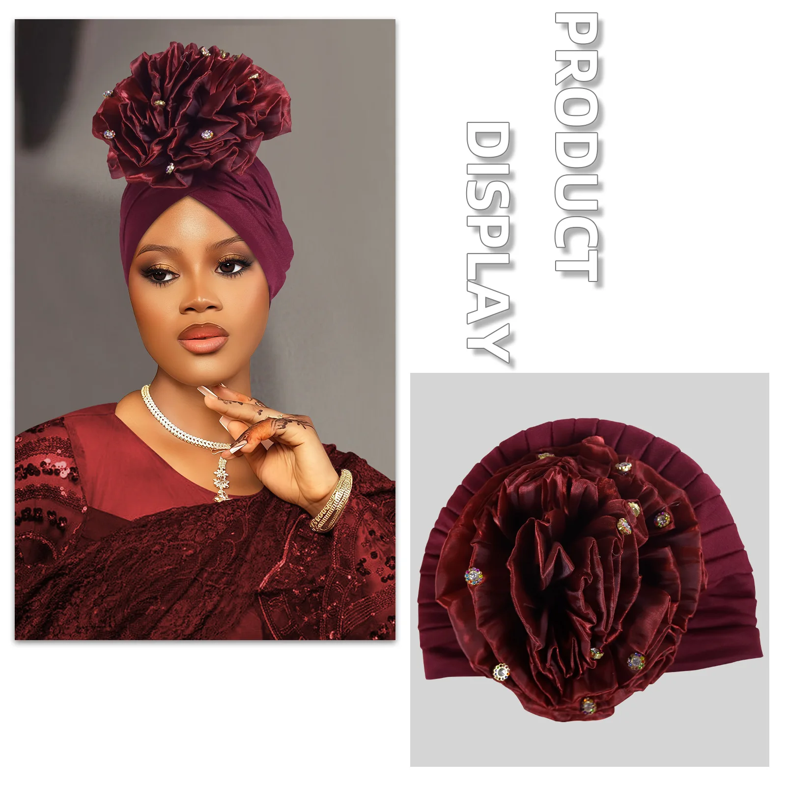 

Big Flower Turban Cap for Women African Geles Headties Bonnet Pleated Hat Muslim Hijab Head Wrap Nigeria Wedding Party Headgear