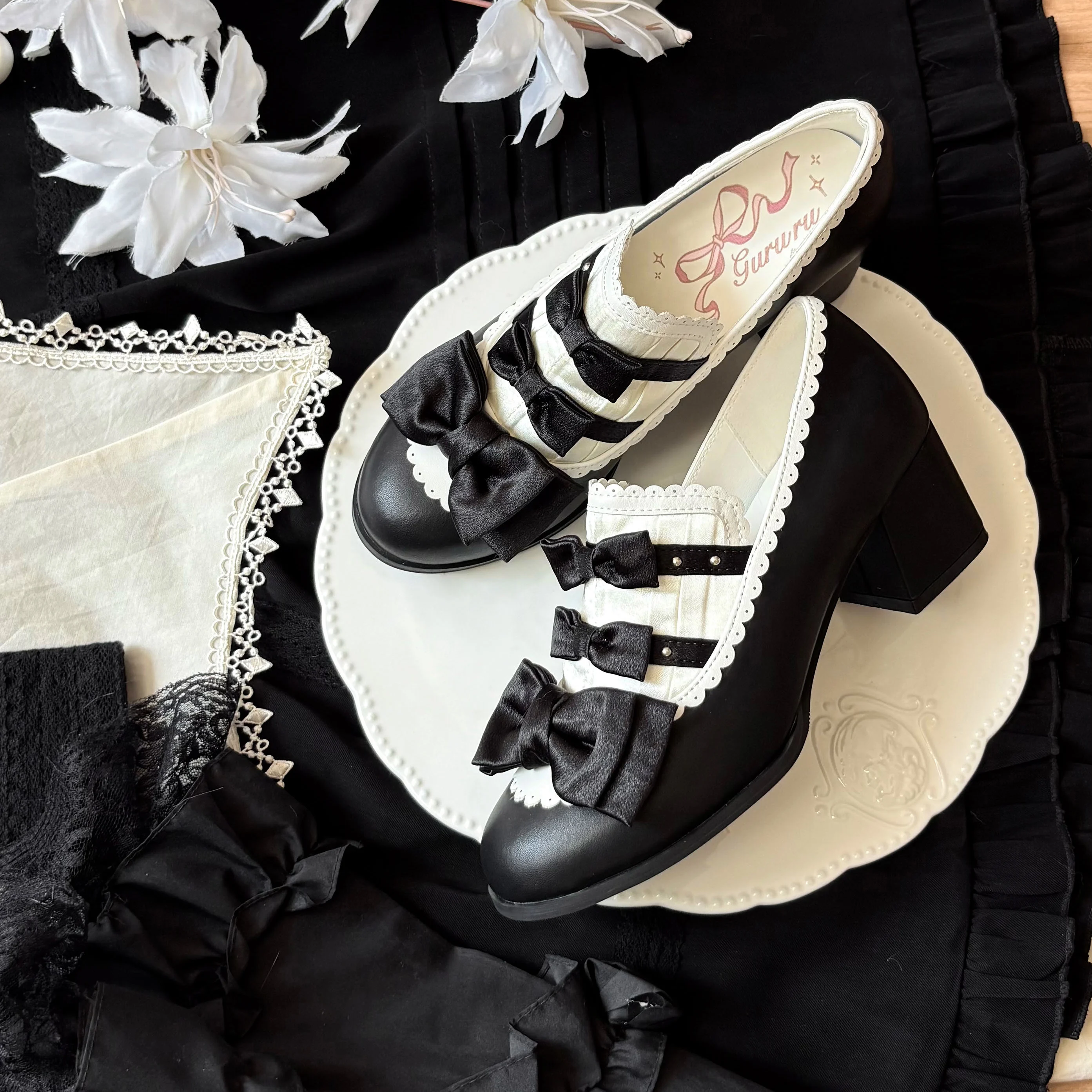 Castle Nocturne Satin High Heels Elegant Cla Lolita Middle Heels Japanese Sweet Princess Tea Party Single Shoes
