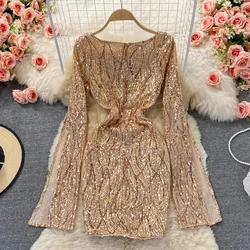 Shinning Sequins Deep V-Neck Women's Dresses Spring Autumn Long Sleeved Fashion Spicy Girl Dress Sexy Cocktail Dress