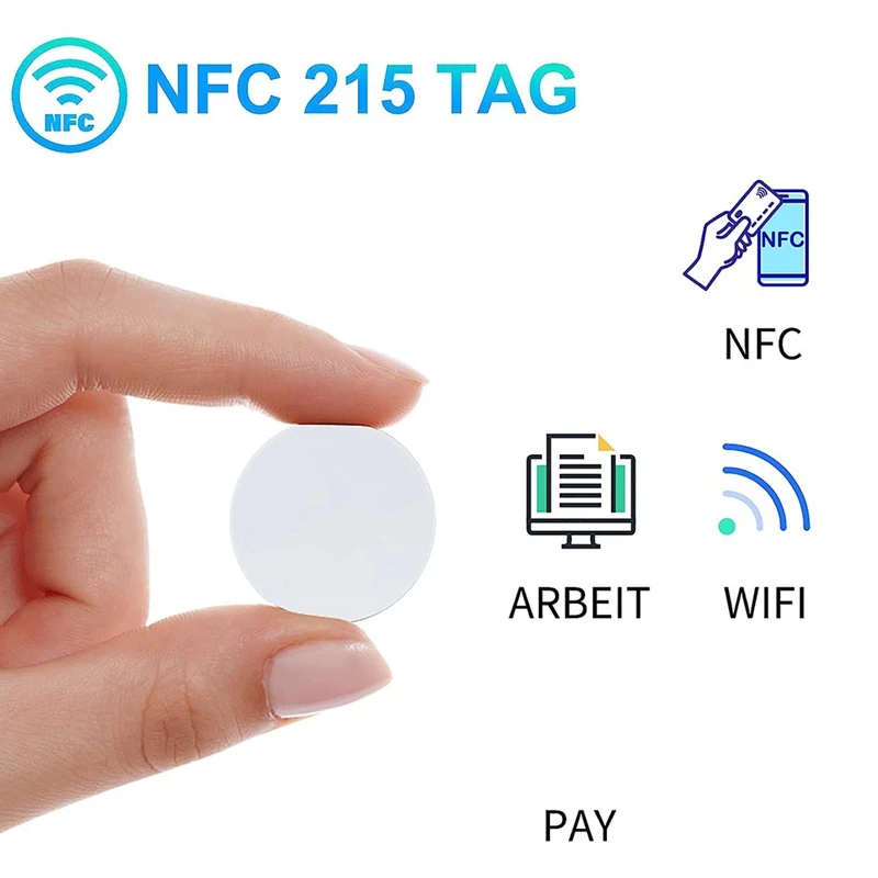 50 buah kartu koin NFC Tag Ntag215, kosong dapat ditulis ulang PVC NFC 215 Tag bulat 25Mm / 1 inci