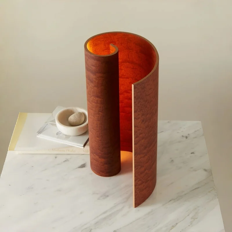 ！@Burl Wood Craft Table Lamp-H60cm Irregular Shape Curved Rolled-Edge Handcarved Modern Freestanding Lighting Ornament for Home