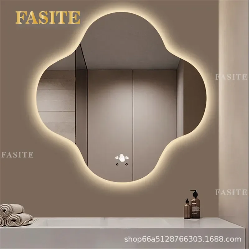 For Four-Leaf Clover Shaped Smart LED Bathroom Mirror Defogging Frameless Wall Mounted Vanity Art Mirror Special Shape