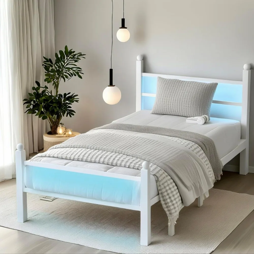 

Twin Bed Frame with Headboard and Footboard,Steel Slats Support-LED Bed Frame with USB Charging Station,Mattress Foundation-Unde