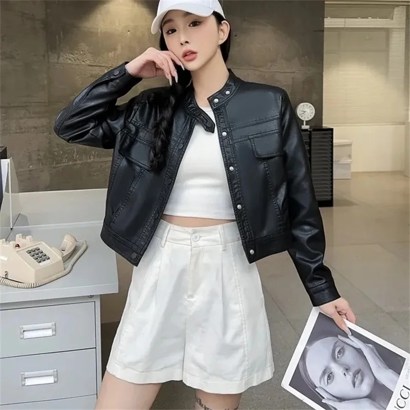 عالية الجودة بولي معطف معطف معطف جلد المرأة ربيع الخريف 2025 جديد أبلى سترة جلدية قصيرة سيدة الكورية معطف الموضة الإناث
