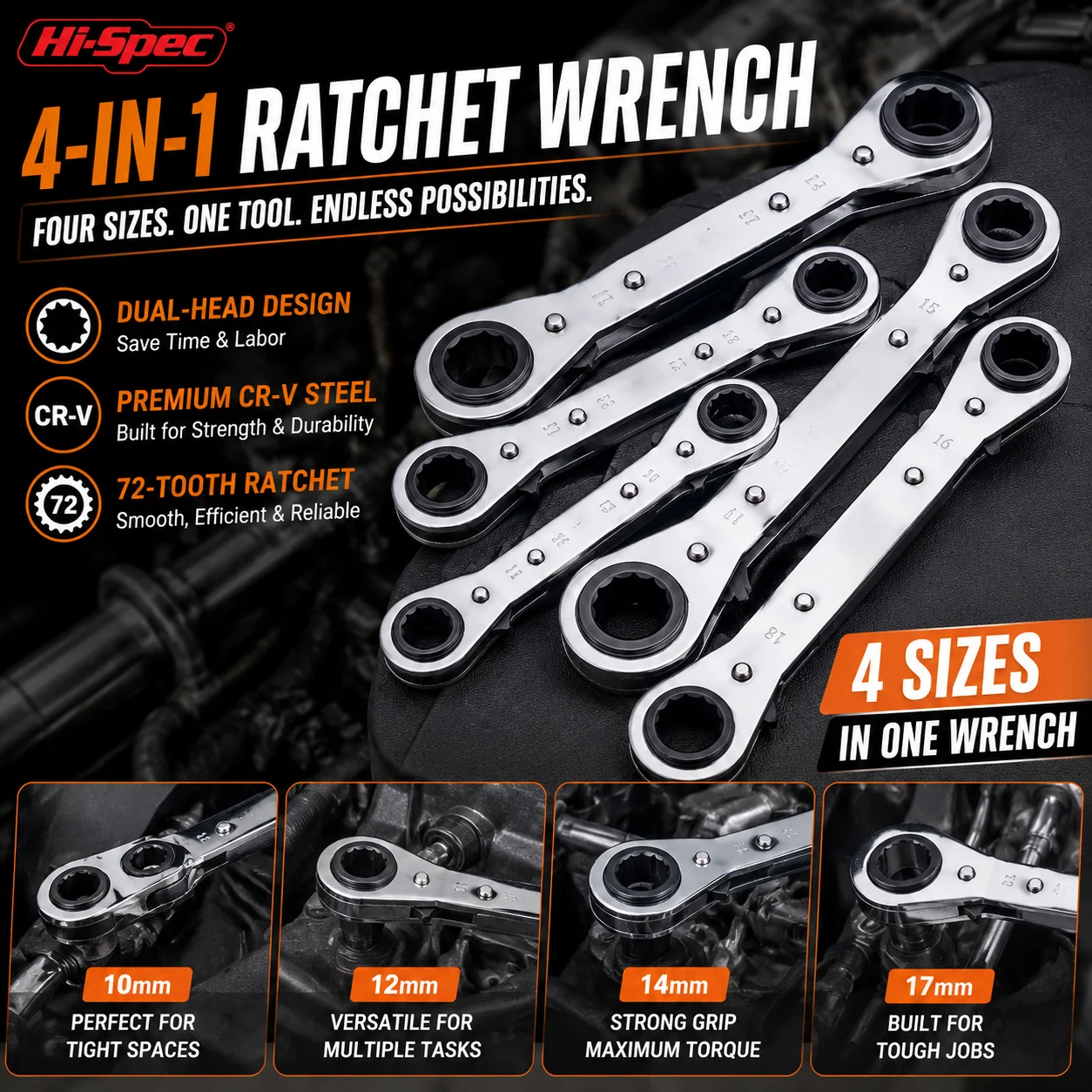 Hi‑Spec 4‑in‑1 Ratchet Wrench Multi Size Adjustable Socket Spanner Flexible Telescopic Ratchet with 4 Head Sizes for Auto Repair